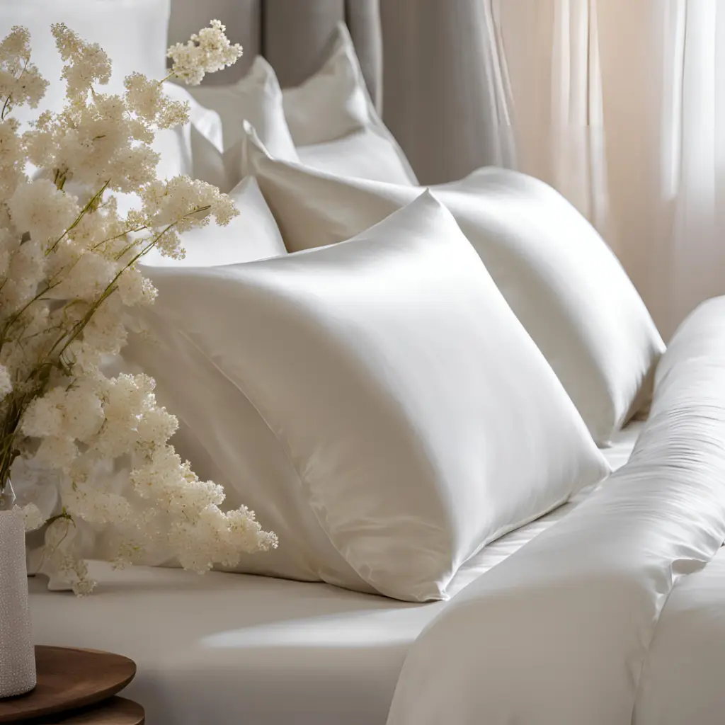 white silk pillowcases with flowers on the night stand