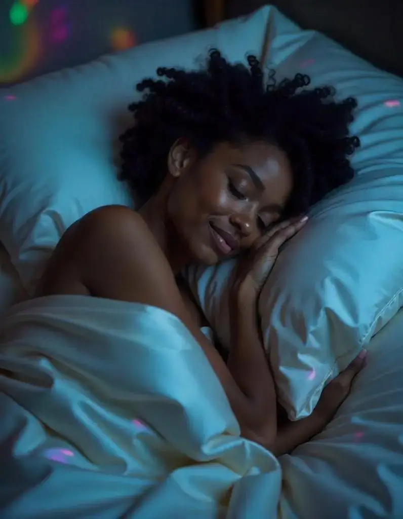 African American woman with curly hair smiling and sleeping on silk pillowcase